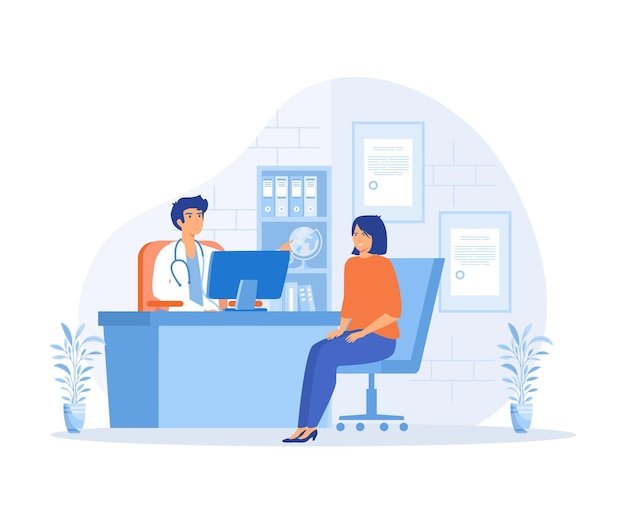 Concepto de consulta médica Practicante médico hombre y mujer joven paciente en el consultorio médico del hospital vector plano ilustración moderna
