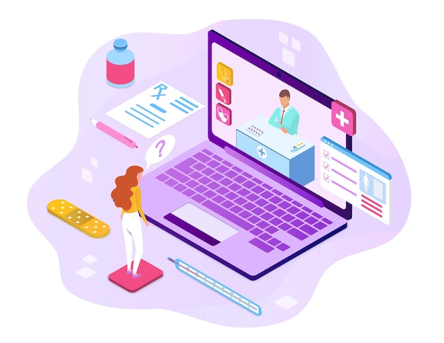 Concepto de consultas en línea con un médico comunicación con el médico a través de enlace de video una mujer.