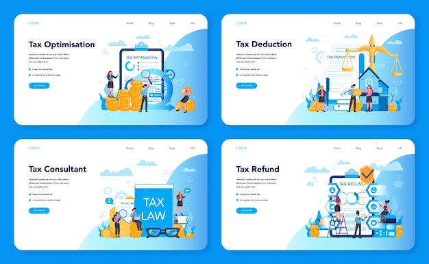 Concepto de consultor fiscal banner web o conjunto de página de destino. idea de contabilidad y pago. factura financiera. optimización, deducción y devolución de impuestos.