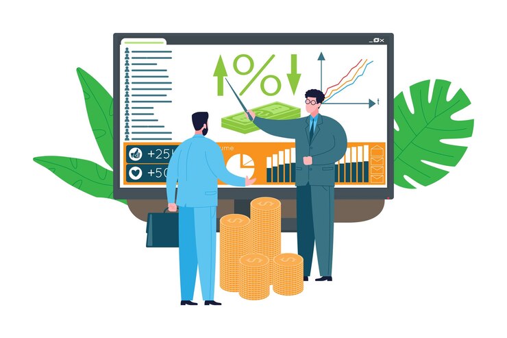 Vector concepto de consultoría empresarial. el experto brinda asesoría y comparte conocimientos con el cliente, brinda apoyo en el desarrollo de una estrategia, calculando para lograr la meta y lograr el éxito y la ganancia.