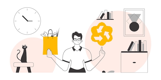 El concepto de consumo razonable Un hombre un paquete con productos y un logotipo ecológico Estilo lineal de moda