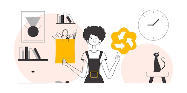 El concepto de consumo razonable Paquete Girl con productos y logotipo ecológico Estilo lineal