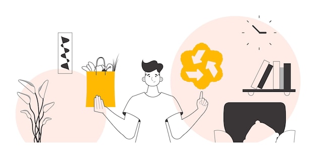 El concepto de consumo razonable Paquete Guy con comestibles y logotipo ecológico Estilo lineal
