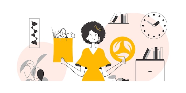 El concepto de consumo razonable Paquete de mujer con productos y logotipo ecológico estilo moderno Lineart