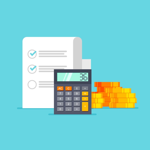 Concepto de contabilidad Calculadora de documentos de pila de monedas Informe de planificación de investigación de análisis