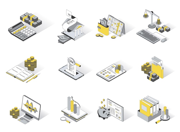 Concepto de contabilidad Conjunto de iconos isométricos 3d Elementos de paquete de cálculo de diseño de isometría de dinero