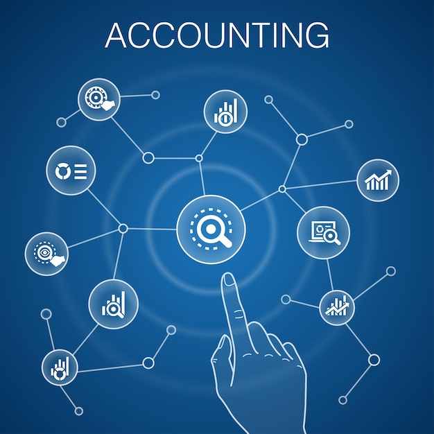 Concepto de contabilidad fondo azul Informe anual de activos Iconos de contador de ingresos netos