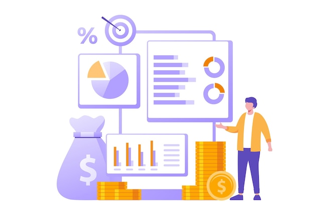 concepto de contabilidad o finanzas plan de negocios y analista de presupuesto contable ilustración plana económica banner vectorial y fondo