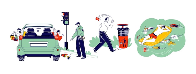 Concepto de contaminación. los personajes tiran basura en la calle. conductor tirando basura por la ventanilla del coche, aviso policial. hombre flotando sobre un colchón inflable con basura alrededor. ilustración de vector de personas lineales