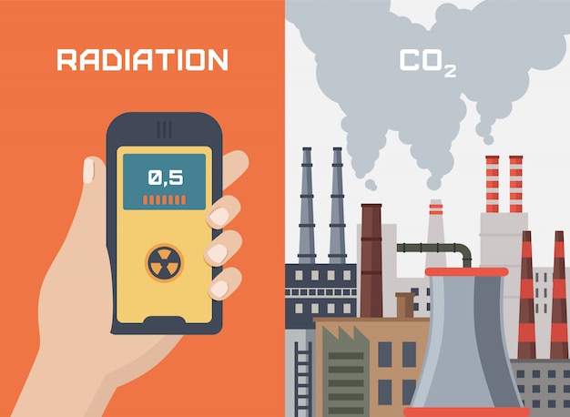 Concepto de contaminación por radiación en fábricas. Mano con dosímetro