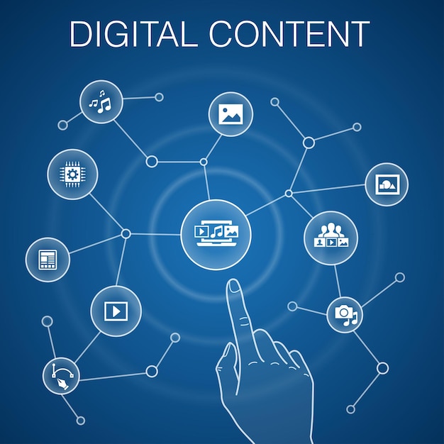 Concepto de contenido digital fondo azul vector imagen medios video contenido social iconos