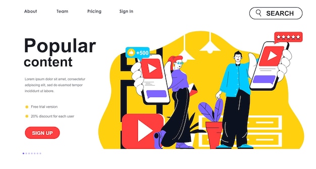 Concepto de contenido popular para plantilla de página de destino Hombre y mujer sostienen teléfonos inteligentes con videos virales Seguidores y blogs Escena de personas Ilustración vectorial con diseño de personajes planos para banner web