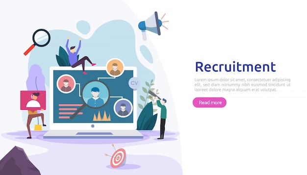 Concepto de contratación laboral y contratación en línea con carácter de gente pequeña. entrevista de agencia. seleccione un proceso de reanudación. plantilla para página de destino web