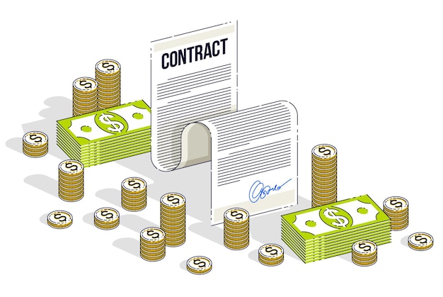 Concepto de contrato financiero, documento legal en papel y pilas de dinero en efectivo y pilas de monedas aisladas en fondo blanco. Ilustración isométrica de negocios y finanzas vectoriales, diseño de línea delgada 3d.