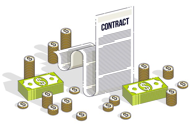 Concepto de contrato financiero, documento legal en papel y pilas de dinero en efectivo y pilas de monedas aisladas en fondo blanco. Ilustración isométrica de negocios y finanzas vectoriales, diseño de línea delgada 3d.