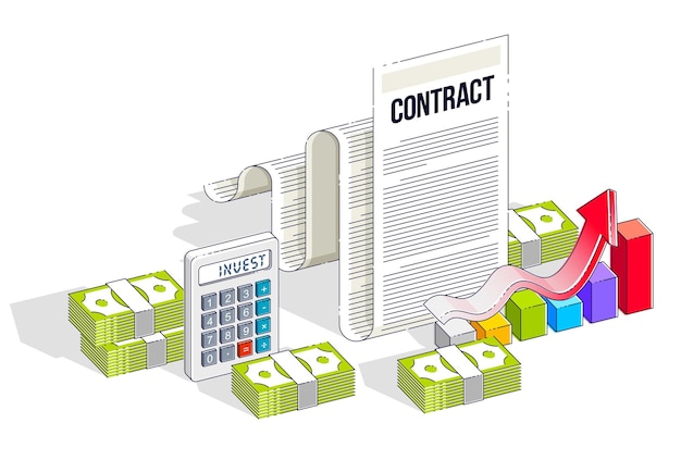 Concepto de contrato financiero, documento en papel y pilas de dinero en efectivo con calculadora y gráfico de barras de crecimiento aislado. Ilustración isométrica de negocios y finanzas vectoriales, diseño de línea delgada 3d.