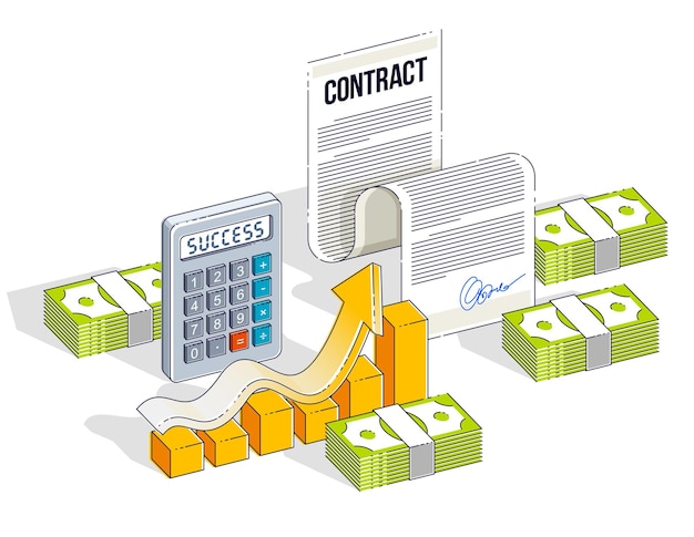 Concepto de contrato financiero, documento en papel y pilas de dinero en efectivo con calculadora y gráfico de barras de crecimiento aislado. Ilustración isométrica de negocios y finanzas vectoriales, diseño de línea delgada 3d.