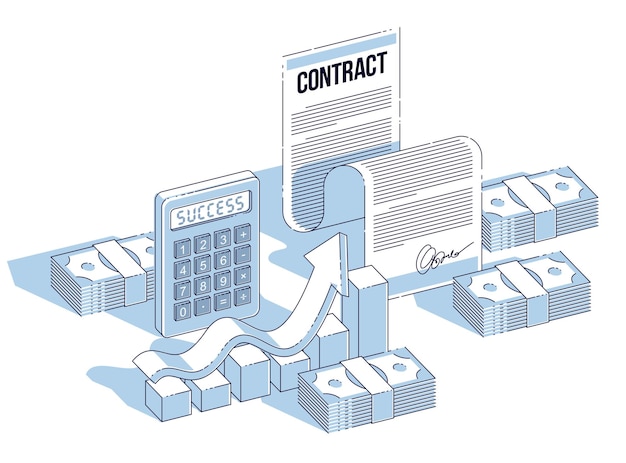 Concepto de contrato financiero, documento en papel y pilas de dinero en efectivo con calculadora y gráfico de barras de crecimiento aislado. Ilustración isométrica de negocios y finanzas vectoriales, diseño de línea delgada 3d.