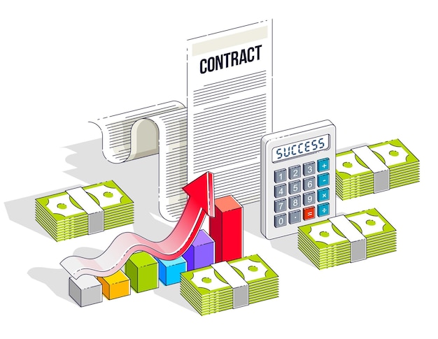 Concepto de contrato financiero, documento en papel y pilas de dinero en efectivo con calculadora y gráfico de barras de crecimiento aislado. Ilustración isométrica de negocios y finanzas vectoriales, diseño de línea delgada 3d.