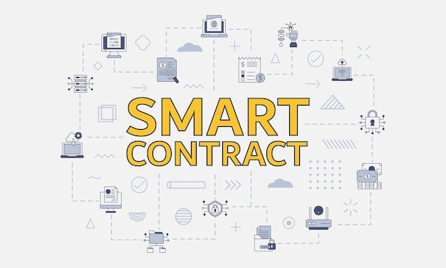 Concepto de contrato inteligente con icono establecido con una gran palabra o texto en la ilustración vectorial central
