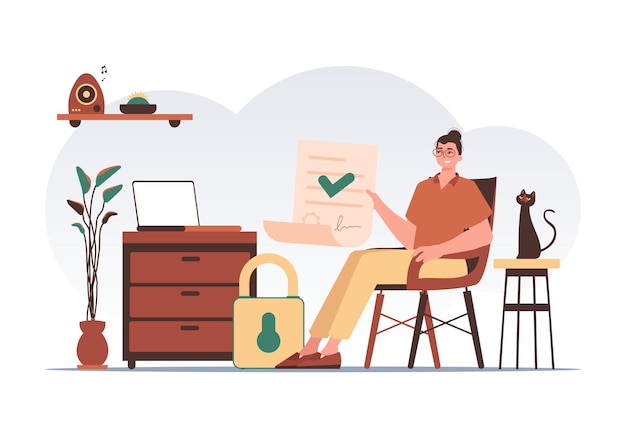 Concepto de contrato inteligente Protección de datos Un hombre se sienta en una silla y sostiene un documento en sus manos Estilo moderno y moderno