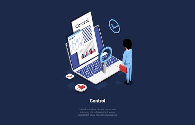 Concepto de control empresarial utilizando tecnologías modernas Hombre mirando en la pantalla del portátil con gráficos Control total de los informes empresariales El gerente analiza el gráfico empresarial Ilustración vectorial 3d isométrica