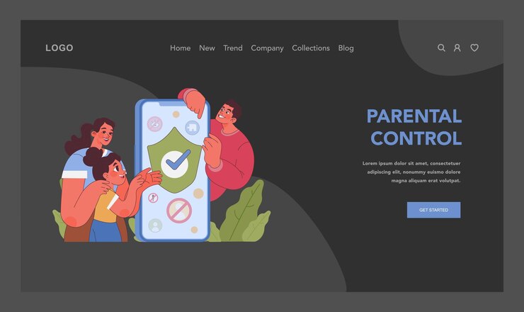 Vector concepto de control parental familia que utiliza características de seguridad digital para proteger la experiencia en línea de los niños
