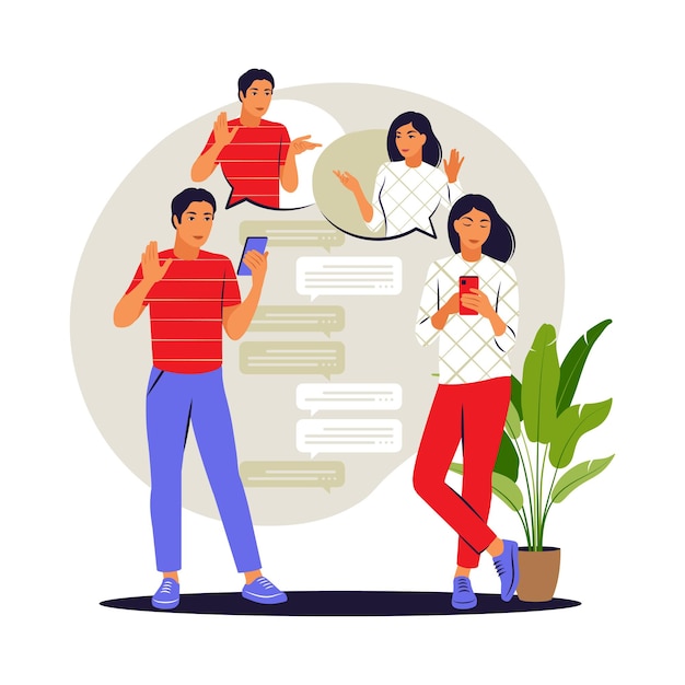 Concepto de conversación. Hombre y mujer hablando por chat. Ilustración vectorial. Plano.