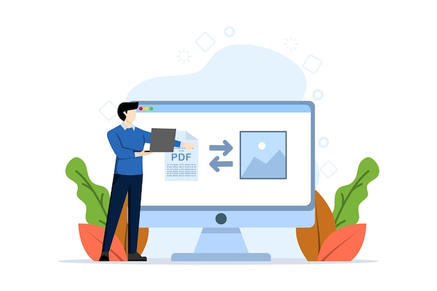 Vector concepto de conversión pdf con pantalla del proceso de conversión de un documento a otro formato