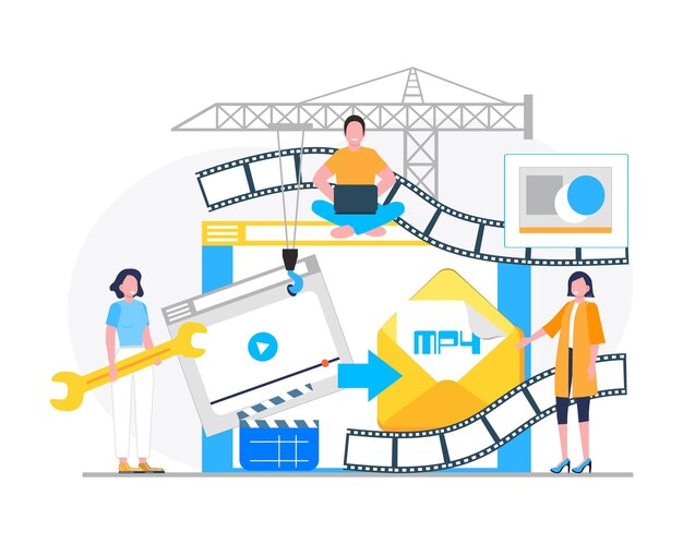 Concepto de convertidor de MP4 con personas diminutas Pantalla con proceso de cambio o conversión de documento a otro formato Compresión de película Ilustración vectorial plana para el banner del sitio web de la aplicación