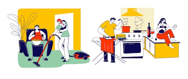 Concepto de cónyuge perezoso. Personajes de la esposa o el esposo que realizan las tareas domésticas diarias mientras su pareja no hace nada al mismo tiempo. Discriminación familiar, depreciación. Ilustración de Vector de personas lineales