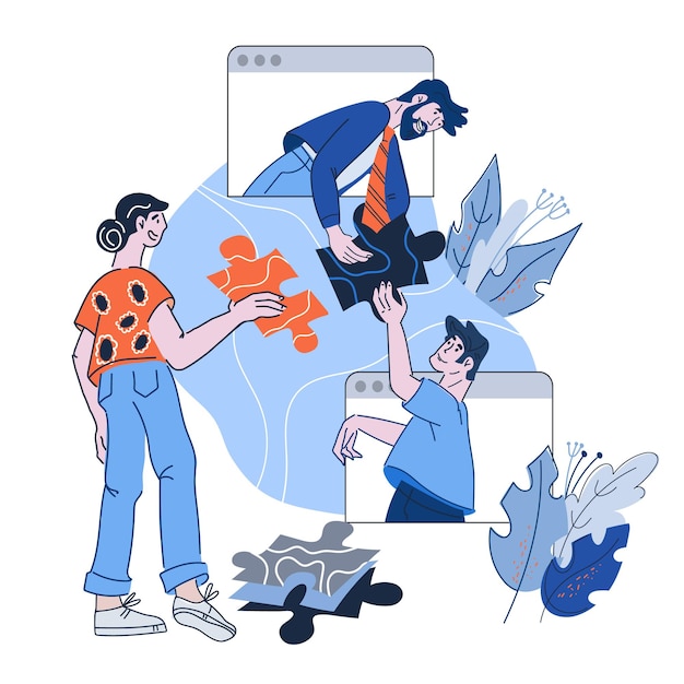 Concepto de cooperación y colaboración del equipo empresarial con personajes de dibujos animados de personas