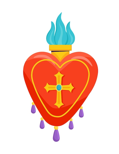 Concepto de corazón mexicano corazón rojo con llama azul y cruz religión y fe creencia espiritual