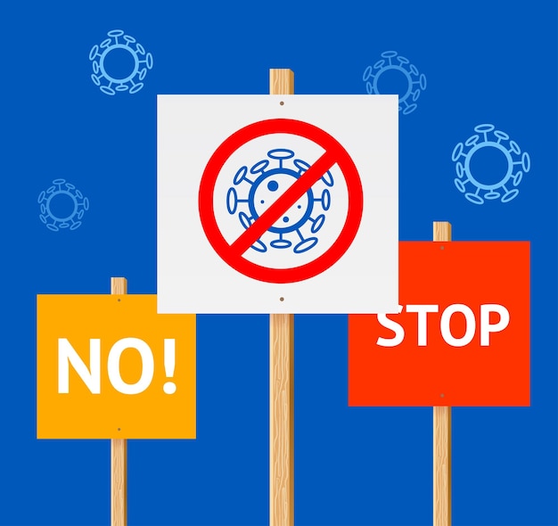 Vector concepto de coronavirus 3d detallado realista con tarjeta de afiche publicitario de protesta de tablas en una ilustración de vector azul