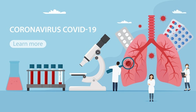 Concepto de coronavirus covid19 Pequeños personajes que los médicos investigan los pulmones Ilustración vectorial