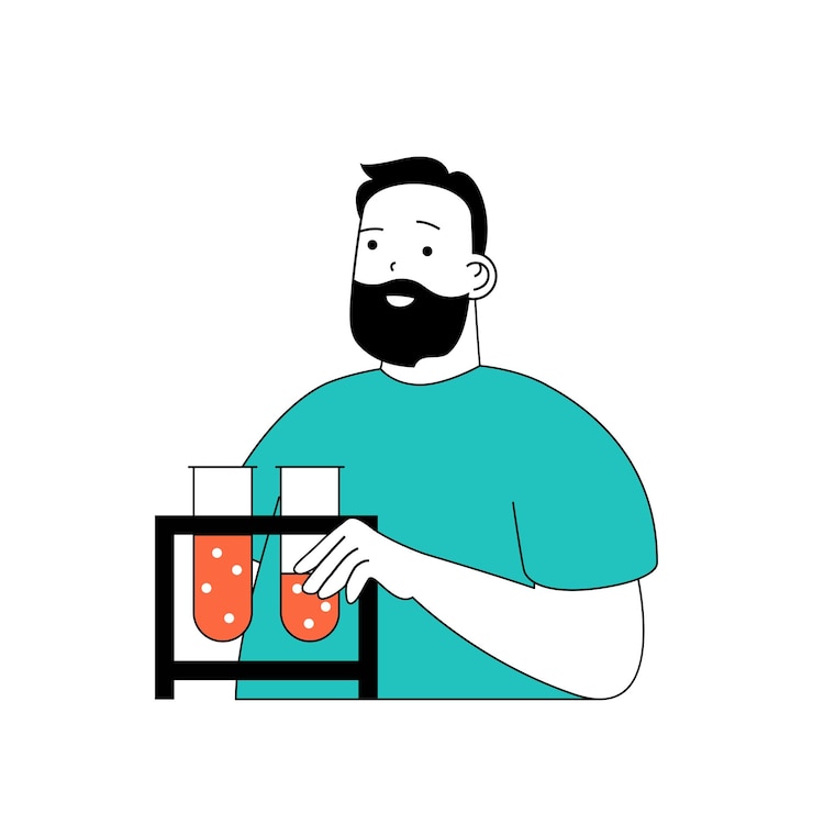 Vector concepto de coronavirus con gente de dibujos animados en diseño plano para web hombre alcanzando virus en tubos de ensayo y haciendo desarrollo de vacunas ilustración vectorial para material de marketing de pancartas en redes sociales
