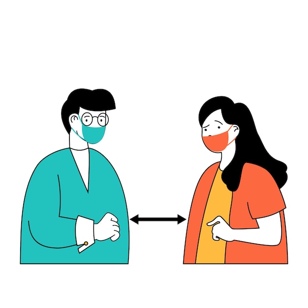 Concepto de coronavirus con personas de dibujos animados en diseño plano para web Mujer y hombre usando máscaras médicas y manteniendo distancia de seguridad Ilustración vectorial para material de marketing de pancartas en redes sociales