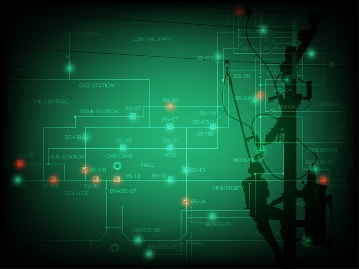 Vector concepto de corte de energía, diagrama de una sola línea del sistema de distribución con luz de punto verde y roja