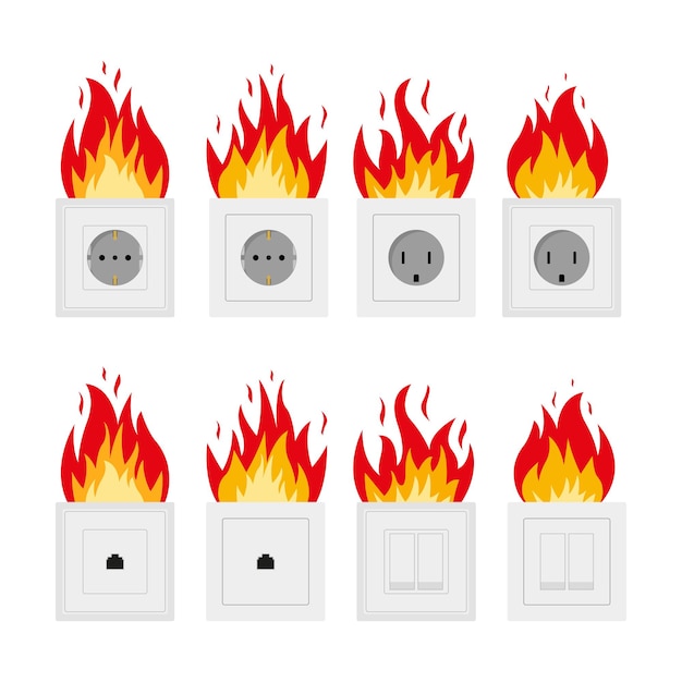 El concepto de cortocircuito en el zócalo fuego eléctrico Llama de los zócalos en un estilo plano Conexión eléctrica para sobrecargar Diseño aislado en blanco Vector