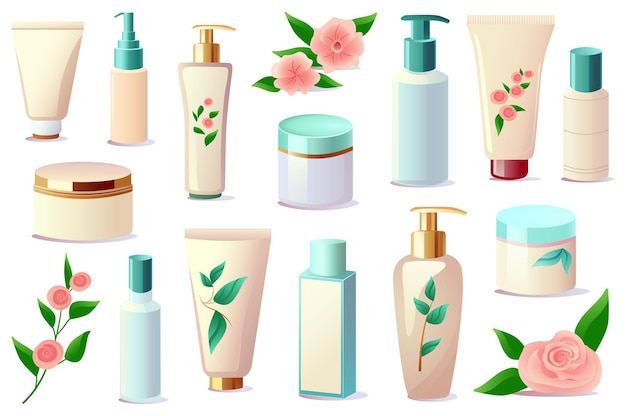 Concepto Cosmético Este diseño plano de dibujos animados muestra un conjunto de productos cosméticos y de belleza.