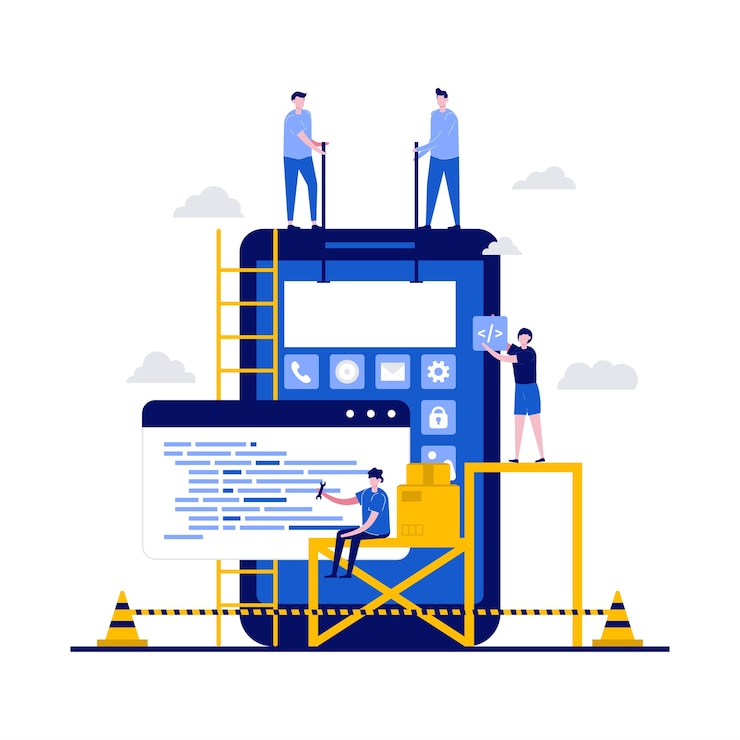 Vector concepto de creación de aplicaciones de diseño ui ux con carácter. equipo de creadores de personas, construcción de aplicaciones móviles, desarrollo de wireframes.