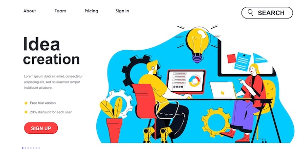 Concepto de creación de ideas para plantilla de página de destino Lluvia de ideas de empleados y discusión de tareas Escena de personas de innovación y creatividad Ilustración vectorial con diseño de personajes planos para banner web