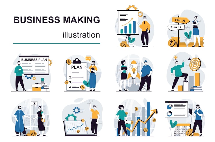 Vector concepto de creación de negocios con situaciones de personajes mega set ilustraciones vectoriales