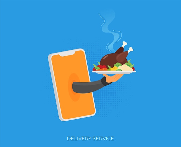 Concepto creativo de comida restaurante cloche en servicio de aplicación de mano disfrute de su comida Servicio de entrega de servicio móvil