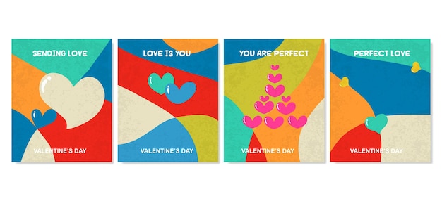 Concepto creativo de conjunto de tarjetas de Feliz Día de San Valentín Diseño de arte abstracto moderno con corazones formas geométricas Plantillas para anuncios de celebración marca de banner portada de etiqueta venta de carteles
