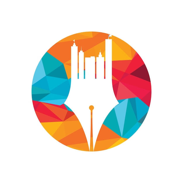 Concepto creativo con diseño de logotipo de pluma y horizonte de la ciudad