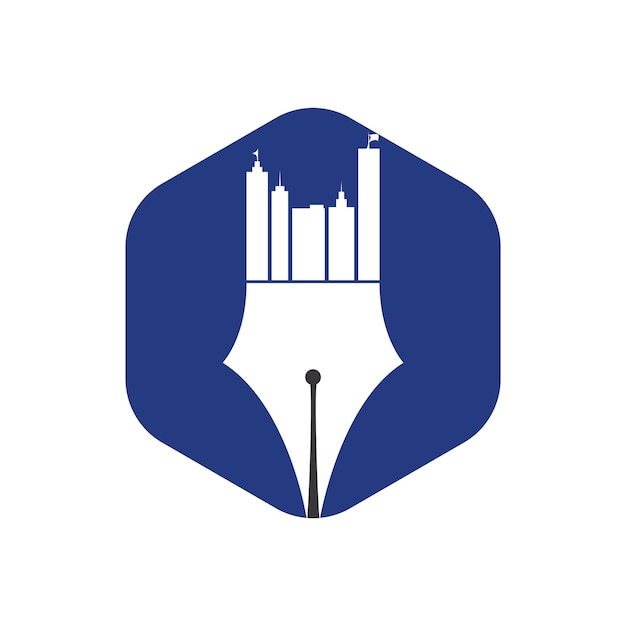 Concepto creativo con diseño de logotipo de pluma y horizonte de la ciudad