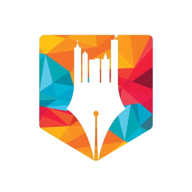 Concepto creativo con diseño de logotipo de pluma y horizonte de la ciudad