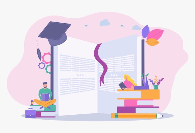 Concepto creativo de educación universitaria para obtener un título académico Los estudiantes están leyendo un libro Ilustración vectorial colorida