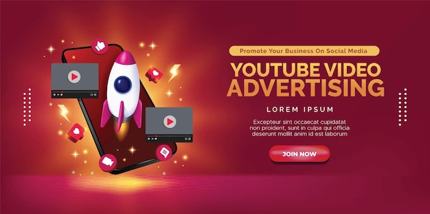 Concepto creativo para impulsar el video marketing de Youtube con cohetes y teléfonos inteligentes. Vector premium.